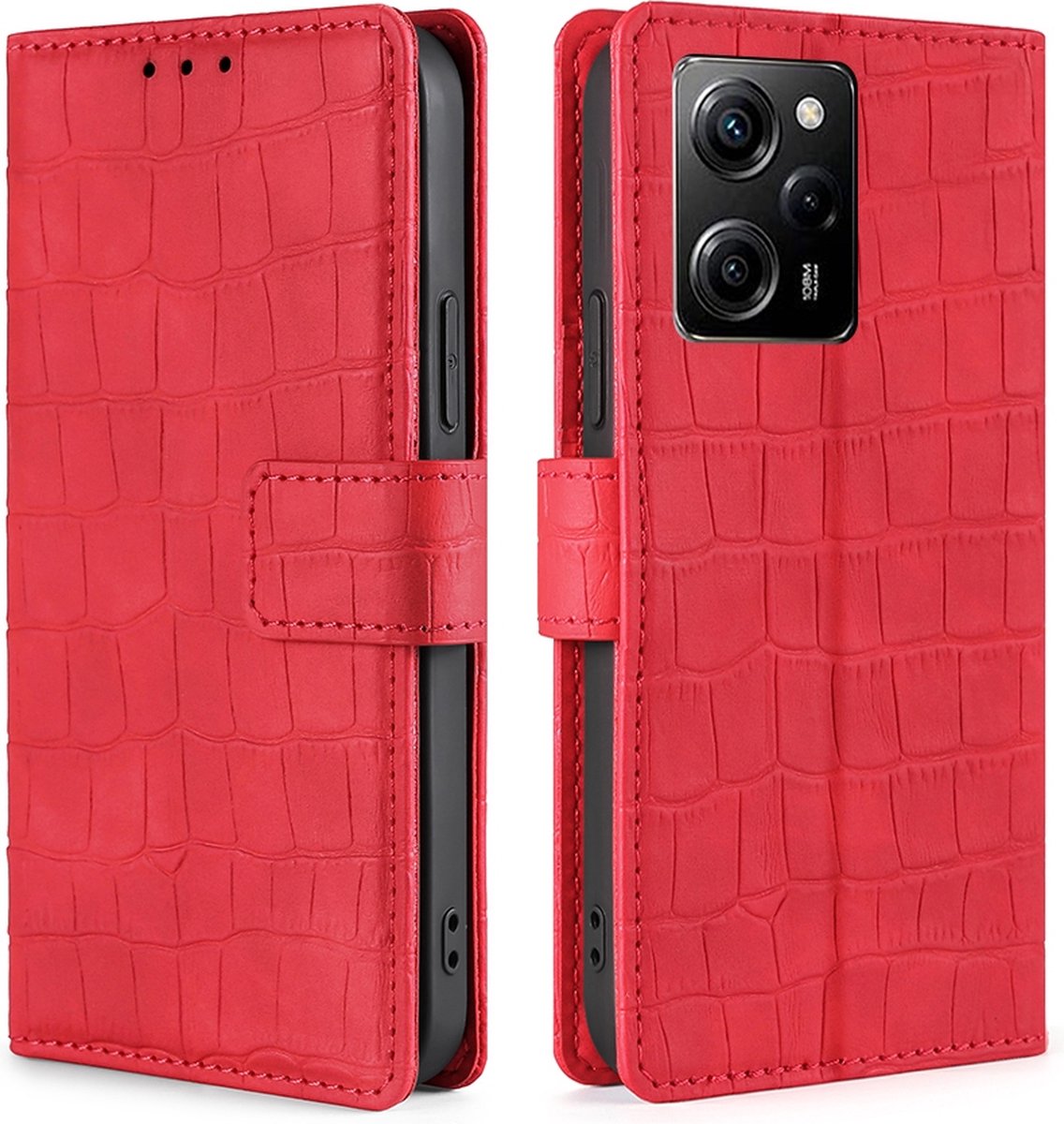 Mobigear Telefoonhoesje geschikt voor POCO X5 Pro Hoesje | Mobigear Croco Bookcase Portemonnee | Pasjeshouder voor 3 Pasjes | Telefoonhoesje voor Pinpas / OV Kaart / Rijbewijs - Rood
