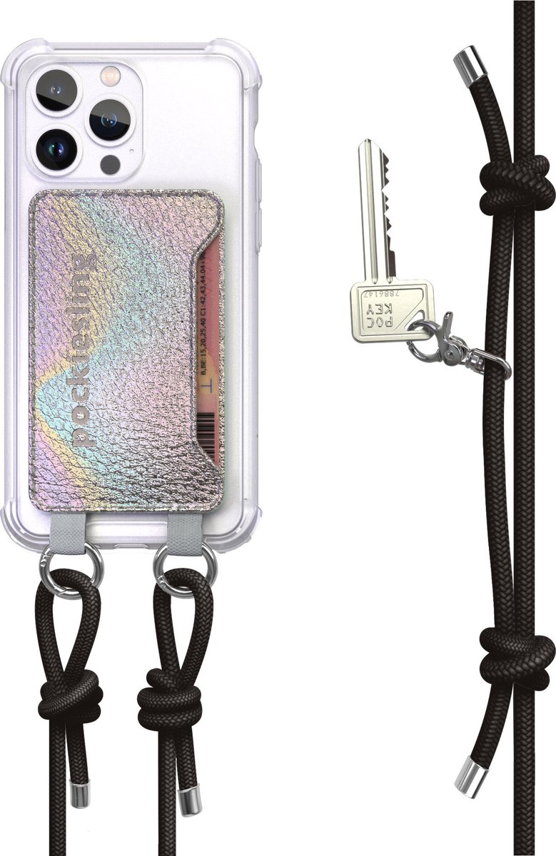 Pockiesling Iphone 13 Pro Hoesje met Koord - Telefoonhoesje met Telefoonkoord en Pasjeshouder - Holografisch / Zwart
