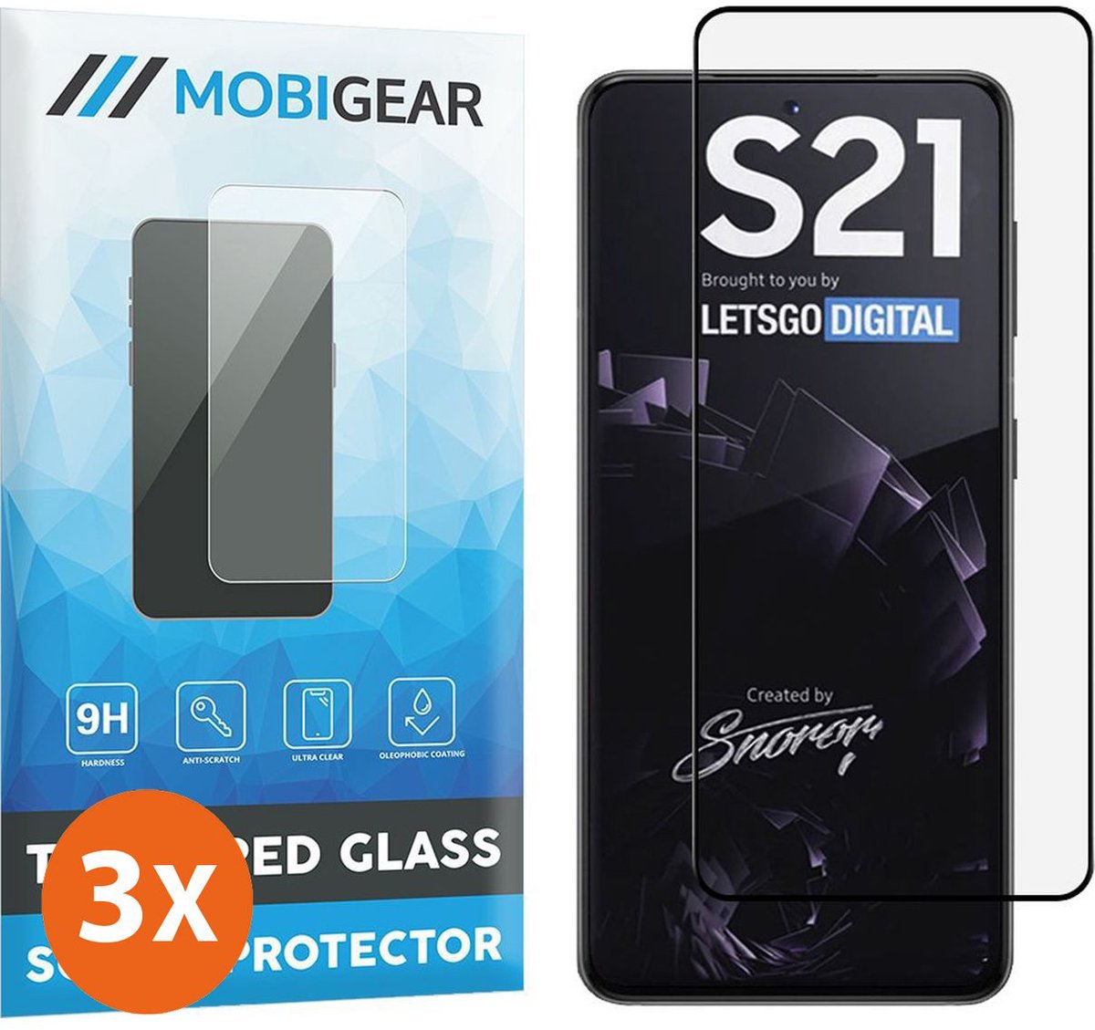 Mobigear Screenprotector geschikt voor Samsung Galaxy S21 Glazen | Mobigear Premium Screenprotector - Case Friendly - Zwart (3-Pack)