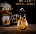 Whisky splash in glas met wereldbol-opdruk. Karaf en glazen op achtergrond.