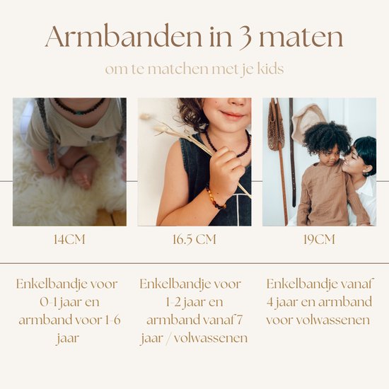 Drie foto's van kinderen met barnsteen sieraden: een babyvoet met enkelbandje, een meisje met armband en een vrouw met kind, beiden met armband.