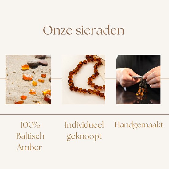 Drie beelden van barnsteen: oranje barnsteentjes op zand, een barnstenen ketting en handen die een sieraad maken.