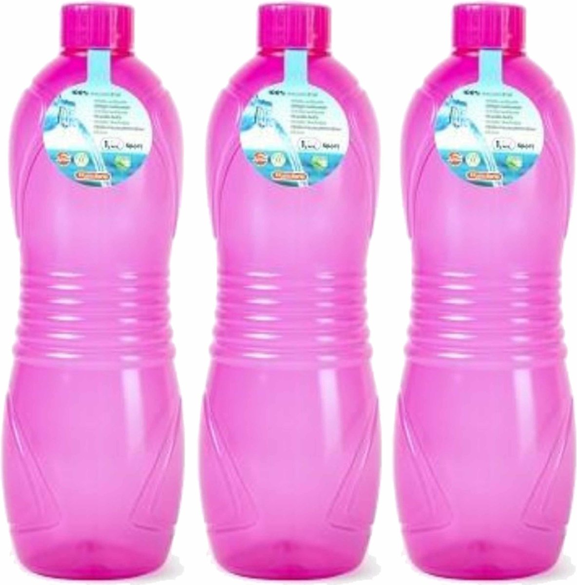 Plasticforte Drinkfles/waterfles/bidon - 3x - 1000 ml - transparant/roze - kunststof