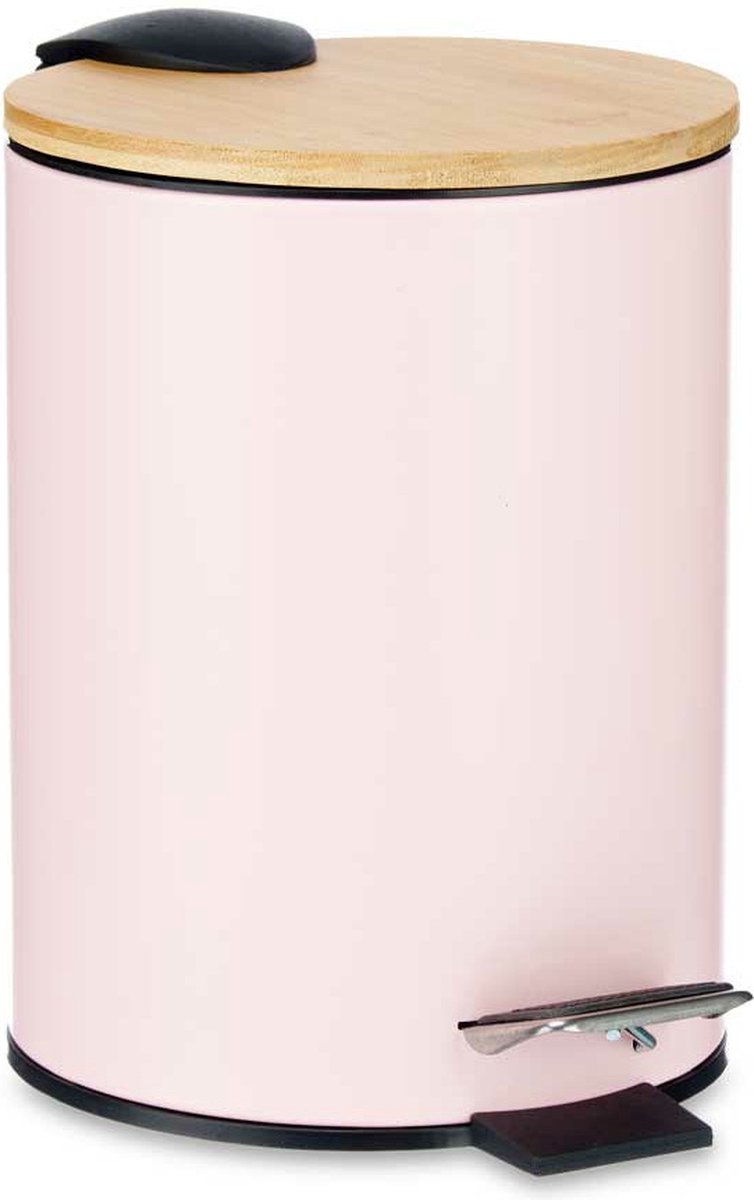 Goedkoopste Berilo Prullenbak/pedaalemmer - lichtroze - 3 liter - metaal/bamboe - 17 x 23,5 cm