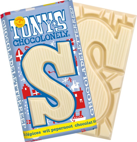 Tony's Chocolonely - Chocoladeletter - Wit Pepernoot - Sinterklaas - Schoencadeautjes - Sint Cadeau - 180 Gram - Fairtrade Belgische Chocola