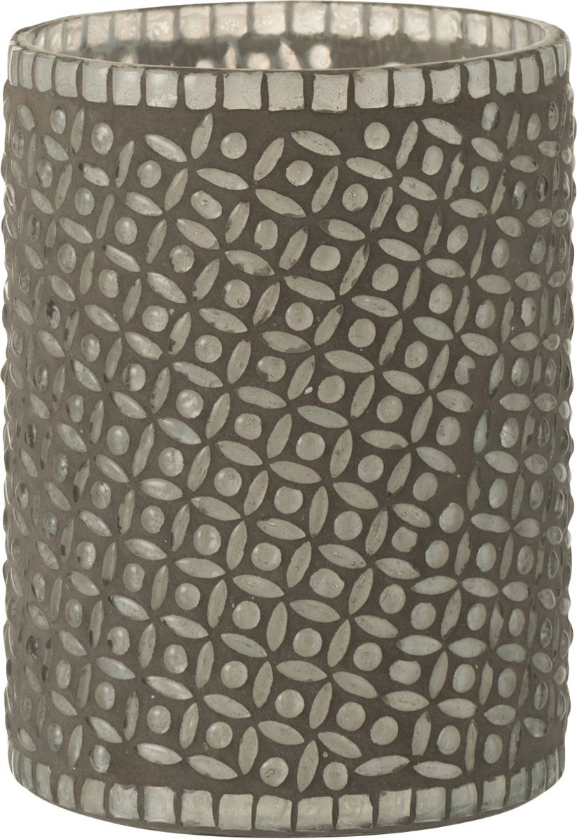 J-Line Windlicht / theelichthouder / waxinelichtjeshouder met bolletjes en strepen - Grijs / transparant - 12.5 x 12.5 x 17 cm hoog.