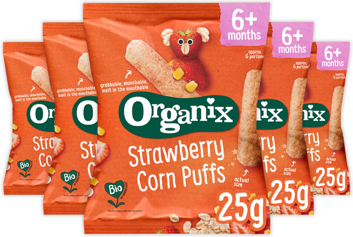 Goedkoopste 5x Organix Babysnack 6 m Strawberry Corn Puffs 25 gr