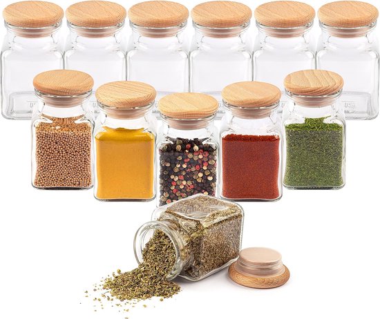 Lot de 12 Pots à Épices avec Couvercle - 150ml - Ronds - Avec Etiquettes -  Bocaux d'Epices en Verre Hermetiques