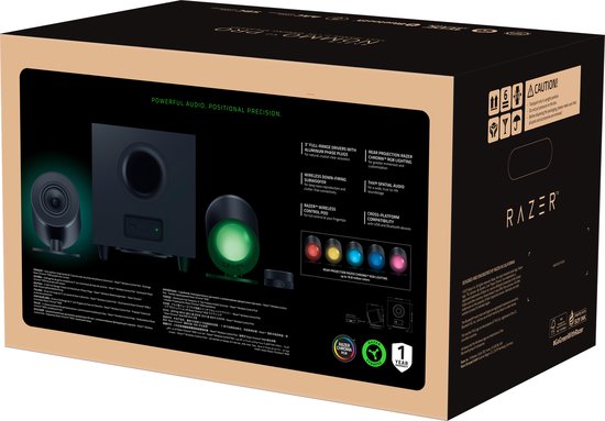 Achterkant van Razer Nommo V2 Pro gaming luidsprekersysteem doos met productinformatie.