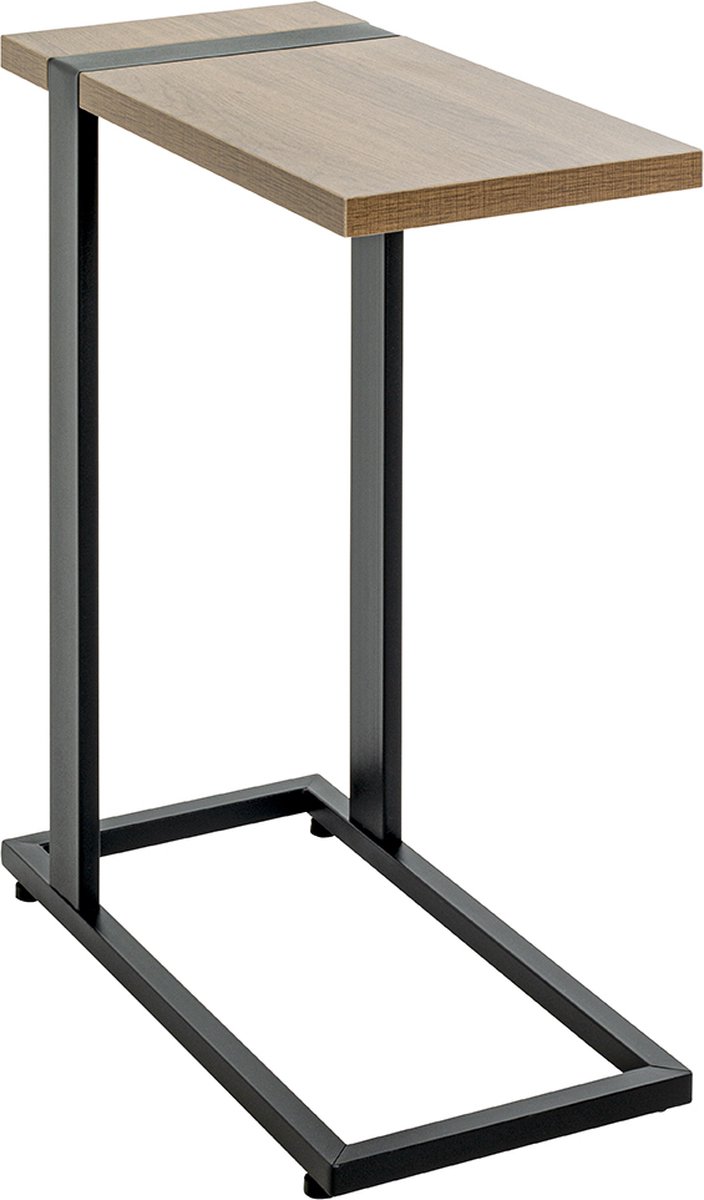 Bijzettafel – Zwart staal met warm eiken blad – 24 cm breed, 49 cm diep, 64 cm hoog – Hoge industriële uitvoering