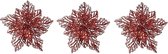 3x Kerstboomversiering op clip rode glitter bloem 23 cm - kerstboom decoratie - rode kerstversieringen