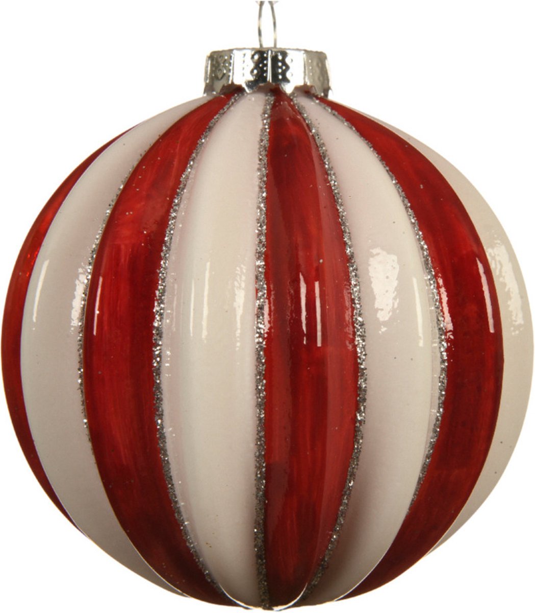 Decoris Luxe kerstballen - 3x - rood/wit gestreept - D8 cm - glas - glitter - brass - Kerstversiering/kerstboomversiering – foto 2