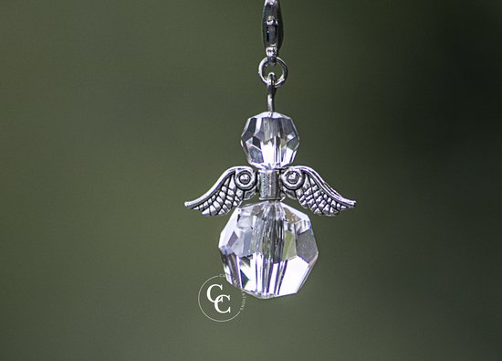 Raamhanger Beschermengel , hand vervaardigd uit Swarovski kristallen . ( bescherm engel , kettinghanger , sleutelhanger ) , Zilver