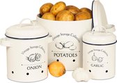 Bocaux de conservation Set de 3 | Pot à oignons, pot à ail et récipient à pommes de terre avec couvercle | Boîte de rangement Rétro/ Vintage | Pot de conservation en émail avec trous d'aération