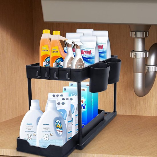 Opbergsysteem voor onder de gootsteen met 2 niveaus, uittrekbare organizer voor onder