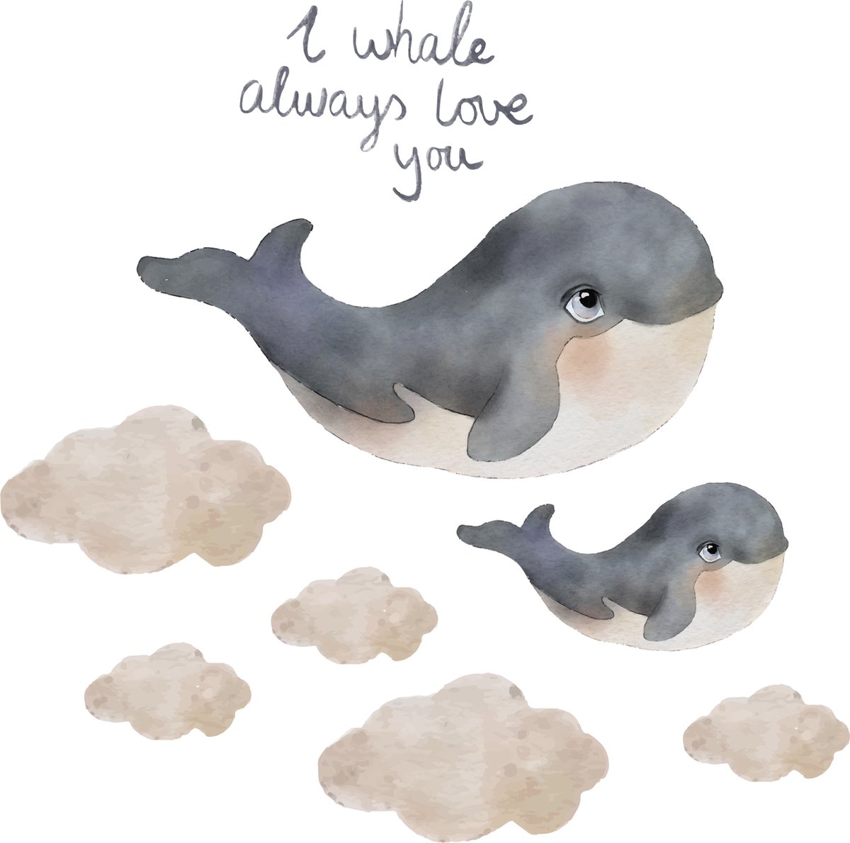 Muursticker set | Walvissen collectie | 8 muurstickers: Grote walvis, baby walvis, 5 wolken stickers 1 tekst muursticker | Ga voor de complete look in de kinderkamer