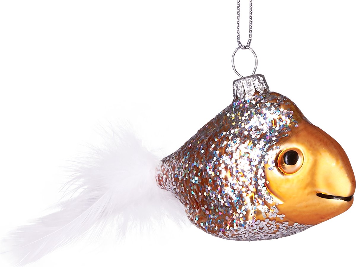 BRUBAKER Goudvis met Pluche Vin - Handgeschilderde Glazen Kerstbal - Handgeblazen Kerstversiering - Grappige Kersthanger - Kerstboom Decoratie - 14 cm