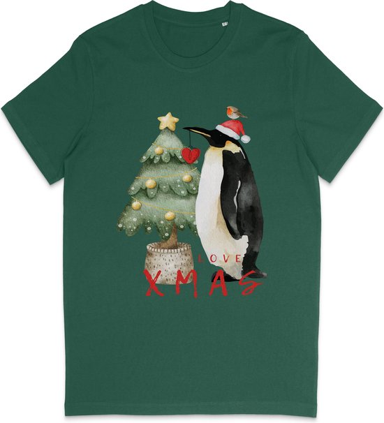 T-shirt vert foncé avec un imprimé de Noël d'un pingouin portant un bonnet de Noël, un sapin et le texte 'LOVE XMAS'.