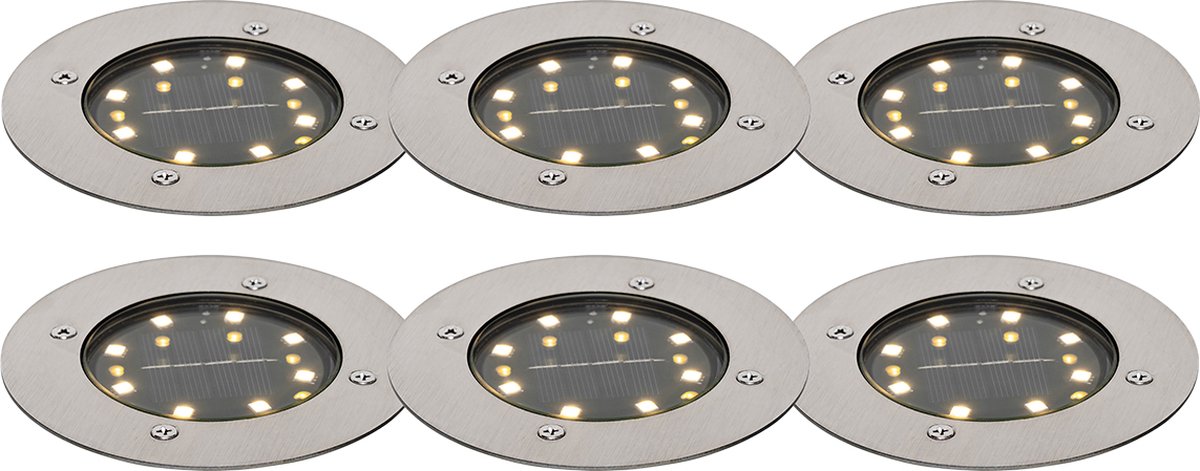 QAZQA terry - Moderne LED Grondspot met Solar | Zonne energie - 6 stuks - Ø 12 cm - Staal - Buitenverlichting