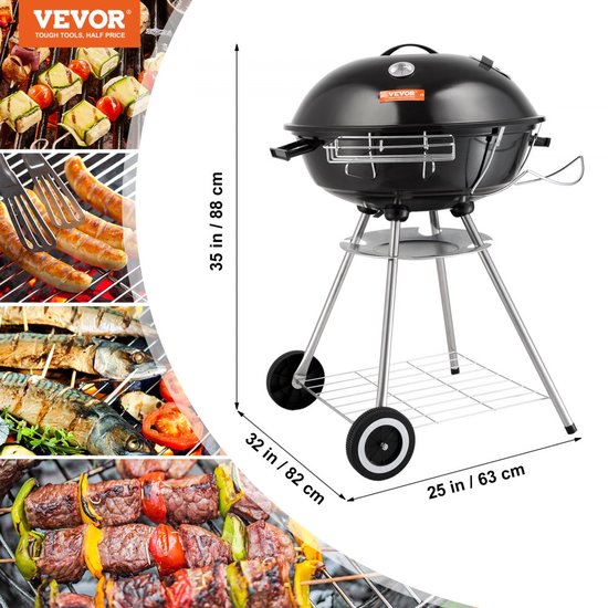 Kettle houtskoolgrill kogelgrill 56 cm draagbaar, barbecue kogelgrill met deksel, heerlijke BBQ, picknickgrill met groot grilloppervlak, houtskool, zwart, 63 x 82 x 88 cm houtskool ronde grill reizen — afbeelding 4
