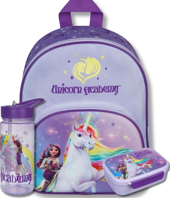Unicorn Academy Lunchset Kinderen – Rugzak, Broodtrommel en Drinkfles – 3 Delige Schoolset – Paars