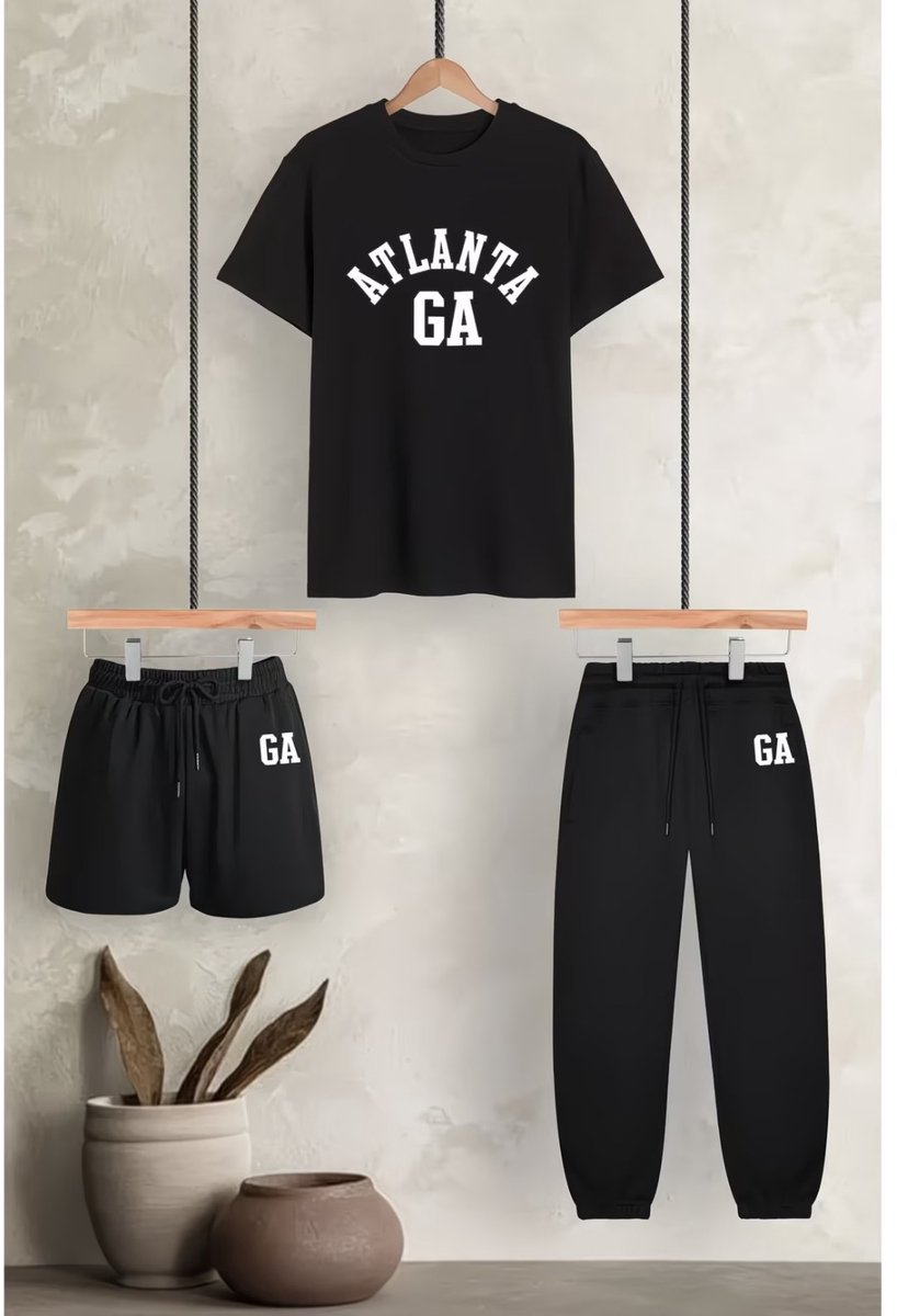 Trendy Zwart Atlanta T-Shirt met Sportieve Shorts en Joggers - Comfortabele Modieuze Set voor Vrije Tijd en Sport - S-M