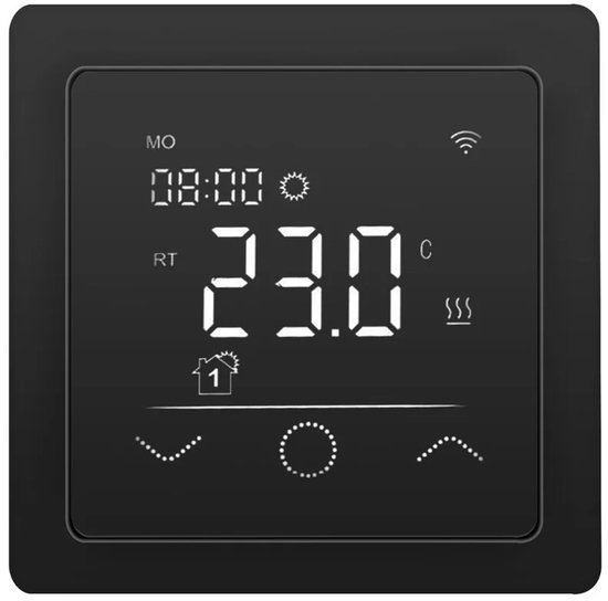 Zwarte slimme thermostaat met helder digitaal display, toont tijd (08:00), temperatuur (23.0°C) en symbolen.