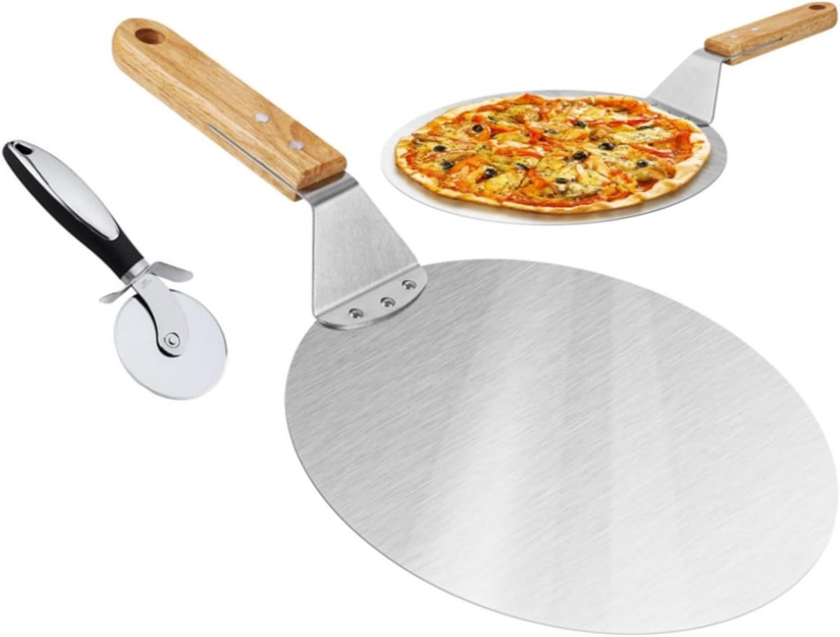 Ronde RVS Pizza- en Taartschepper met Houten Handvat van 25 cm voor Ovengebruik, Ideaal voor Bakken en Serveren