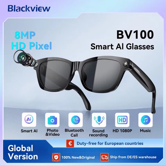 Smart Bril met Camera - Ai Smart Glasses - 8MP - Ai Slimme Zonnebril - 1080p Full Hd Spycam - Smartglasses met Bluetooth - Blauw Licht Filter Glazen - Nederlandse App - Wifi - Zwart — afbeelding 3