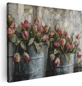 Artaza Canvas Peinture Peinture de Tulipes Rouges dans des Seaux Métalliques avec un Fond Rustique - 120x90 cm - Groot - Décoration Murale Salon - Peintures - Décoration Murale