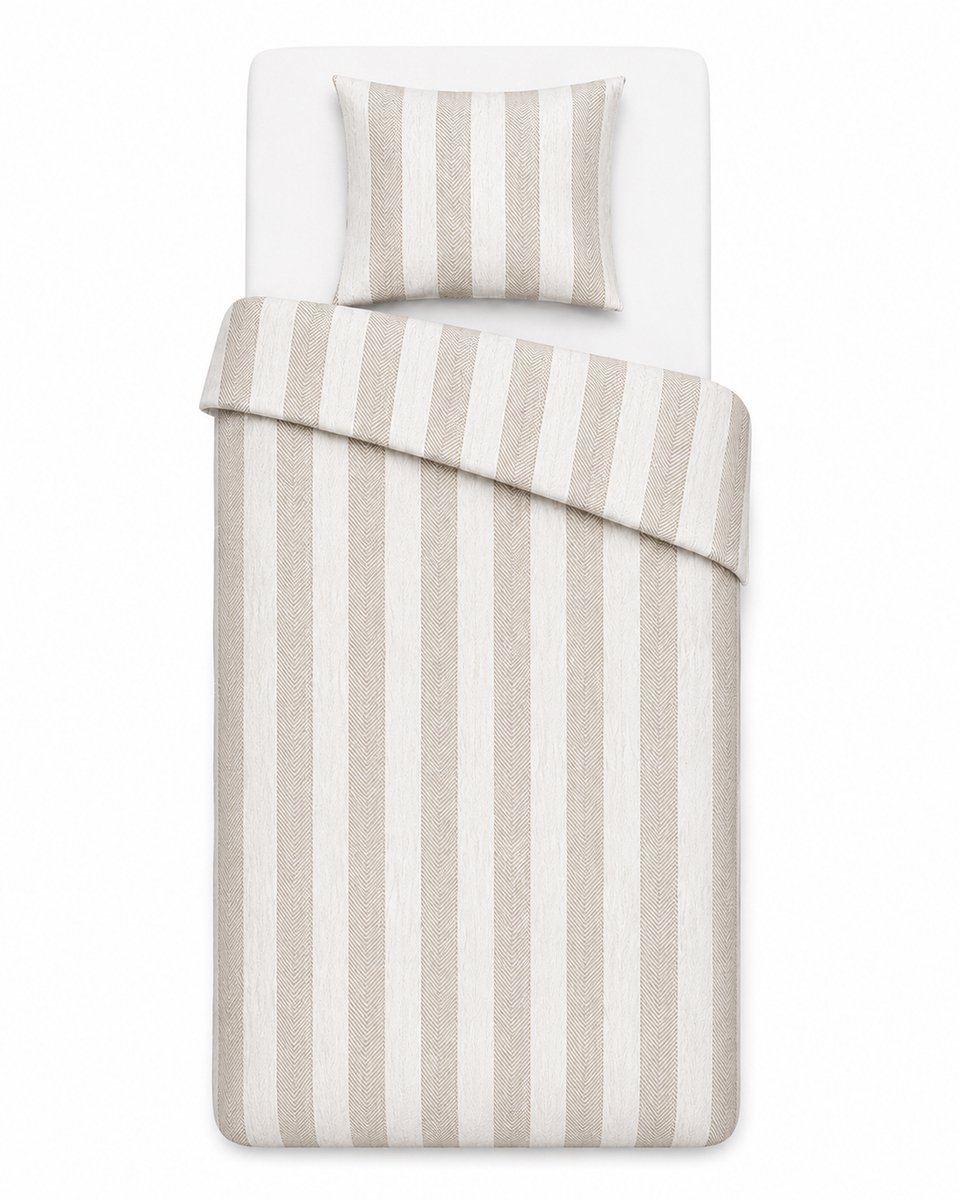 Mistral Dekbedovertrek – 140x200/220 cm – Beige/Wit Gestreept – Eenpersoons Dekbedovertrek van 100% Gewassen Katoen – Zacht, Ademend en Comfortabel Beddengoed – Inclusief 1 Katoenen Kussensloop – Luxe Scandinavisch Bedtextiel voor de Slaapkamer