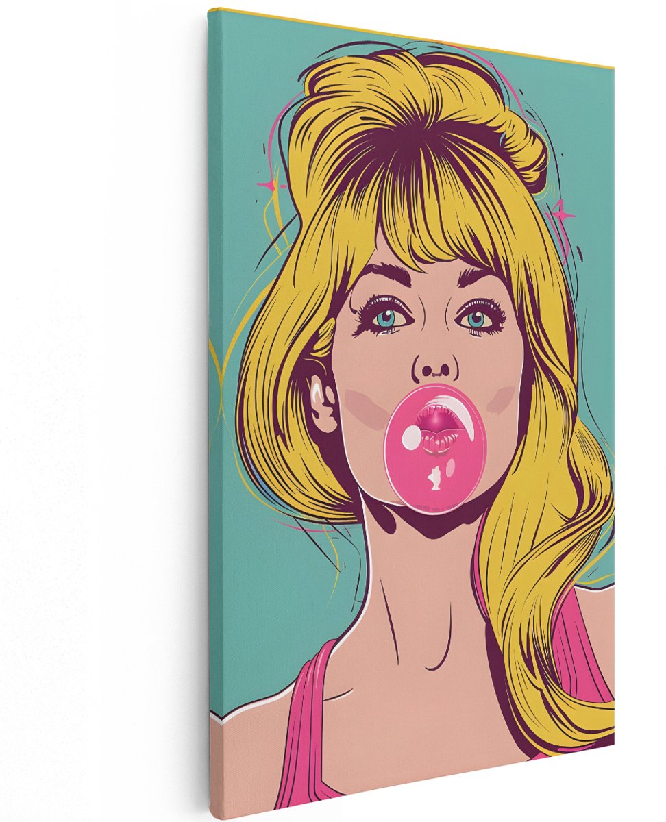 Artaza Canvas Schilderij Pop Art Vrouw - 60x90 cm - Wanddecoratie Kauwgombel - Muurdecoratie Retro - Decoratie Roze Vintage