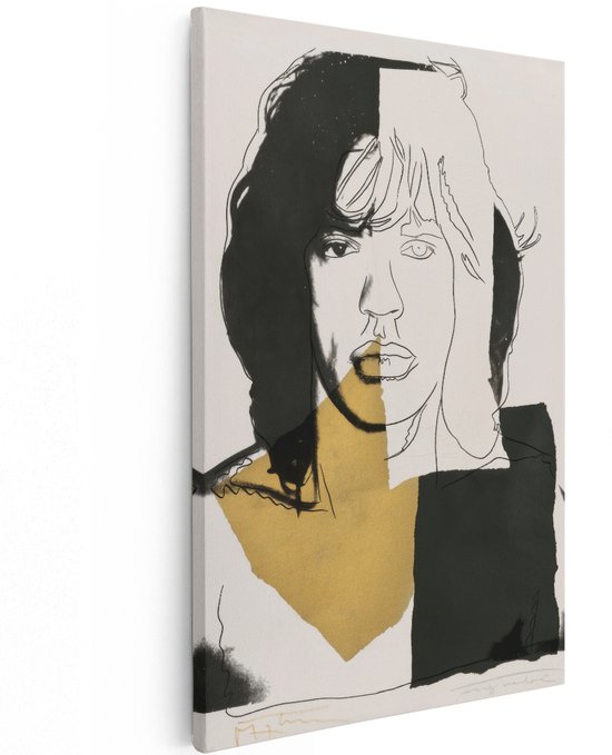 Canvas schilderij van een pop-art portret van Mick Jagger, met zwart, wit en een gele kleurvlak.