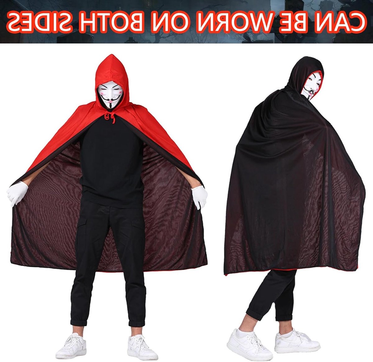 Zwart Rood Halloween Kostuum met Kap voor Vampiers - Middeleeuwse Robe, 20 Bladen Tijdelijke Waterdichte Stickers voor Carnaval en Cosplay