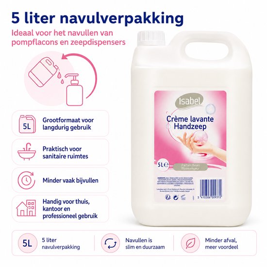 Isabel Crème lavante Handzeep 5L navulverpakking. Ideaal voor het navullen van pompflacons en zeepdispensers.