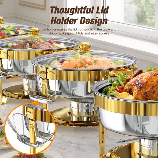 WARMOUNTS 4-delige Chafing Dish Set 6,15 L - Ronde RVS Buffet Warmhouders met Glazen Deksel voor Feest, Bruiloft & Catering - Goud — afbeelding 3