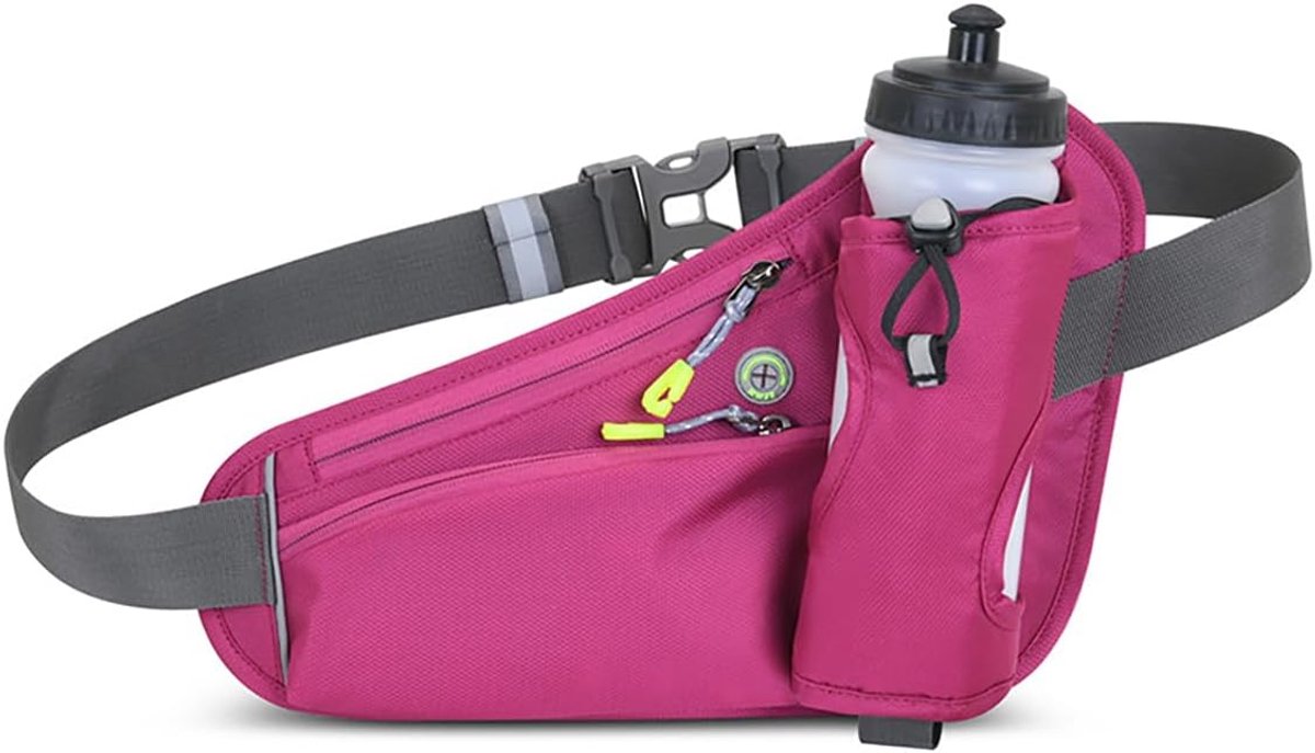Hardloopriem met Bidonhouder - Verstelbare Hardloopheuptas met Kabel Uitgang - Waterafstotend en Reflectoren - Running Belt Drinkgordel - Sportband - Hardlooptasje - Fitness & Sport - Unisex - Voor Smartphone, Drinkfles, Powerbank - Roze - SOLLBRY®