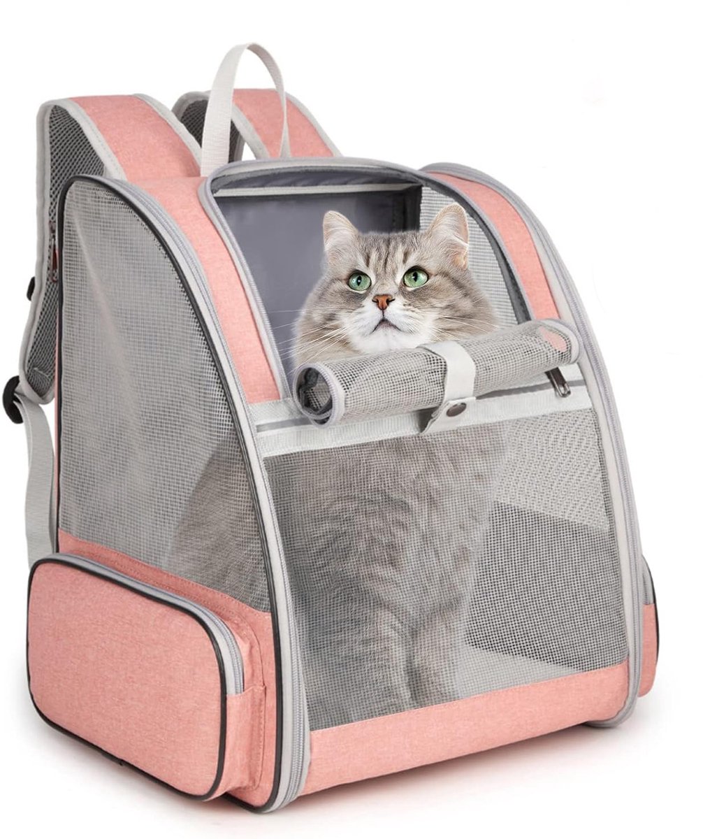 Kattenrugzak - Hondenrugzak - Draagbare rugzak voor huisdieren - Ademend bovenwerk van mesh - Opvouwbaar grote capaciteit - Handdraagbaar - Voor katten en kleine honden - Voor wandelen hiken buitengebruik - Roze