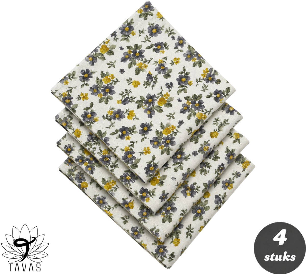 Tavas Servetten - 30 x 30 cm - Set van 4 stuks - Crèmewit - Blauwe Bloemen - Katoen