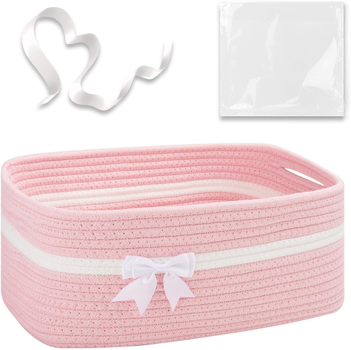 Grote Opbergmand in Gevlochten Roze met Strik, Inclusief Transparante Tas en Handvatten voor Slaapkamer, Badkamer en Speelgoedorganisatie, 34 x 15 x 25 cm