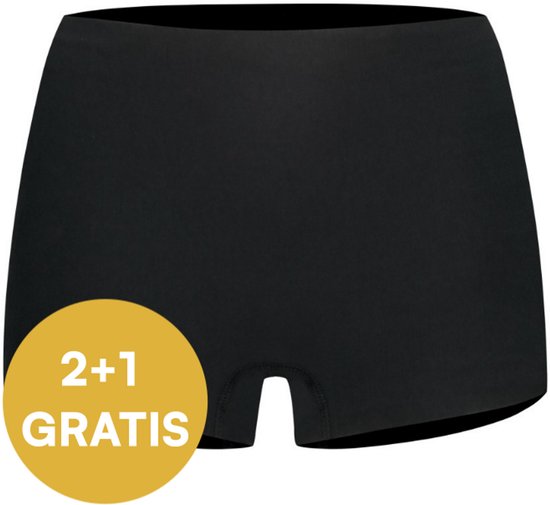Zwarte katoenen short met een gele cirkel met '2+1 GRATIS'