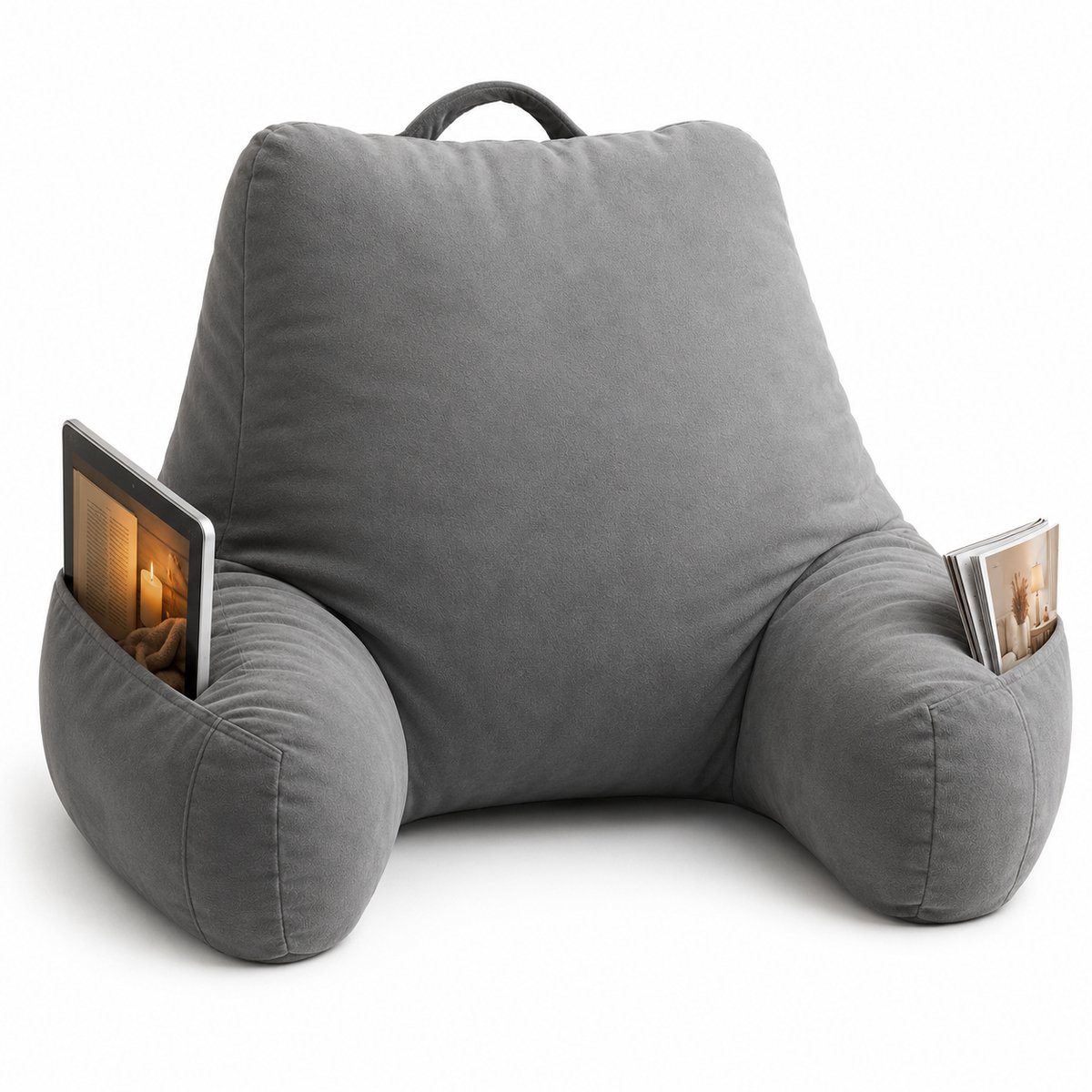 Leeskussen - Voor in bed - Met 4 opbergvakken - Rugkussen bank - zitkussen - Lende - Rug kussen onderrug - Lees - Kussens - Knuffel - Steun - Boeken - book - Seat - Grijs