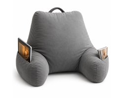Leeskussen - Voor in bed - Met 4 opbergvakken - Rugkussen bank - zitkussen - Lende - Rug kussen onderrug - Lees - Kussens - Knuffel - Steun - Boeken - book - Seat - Grijs