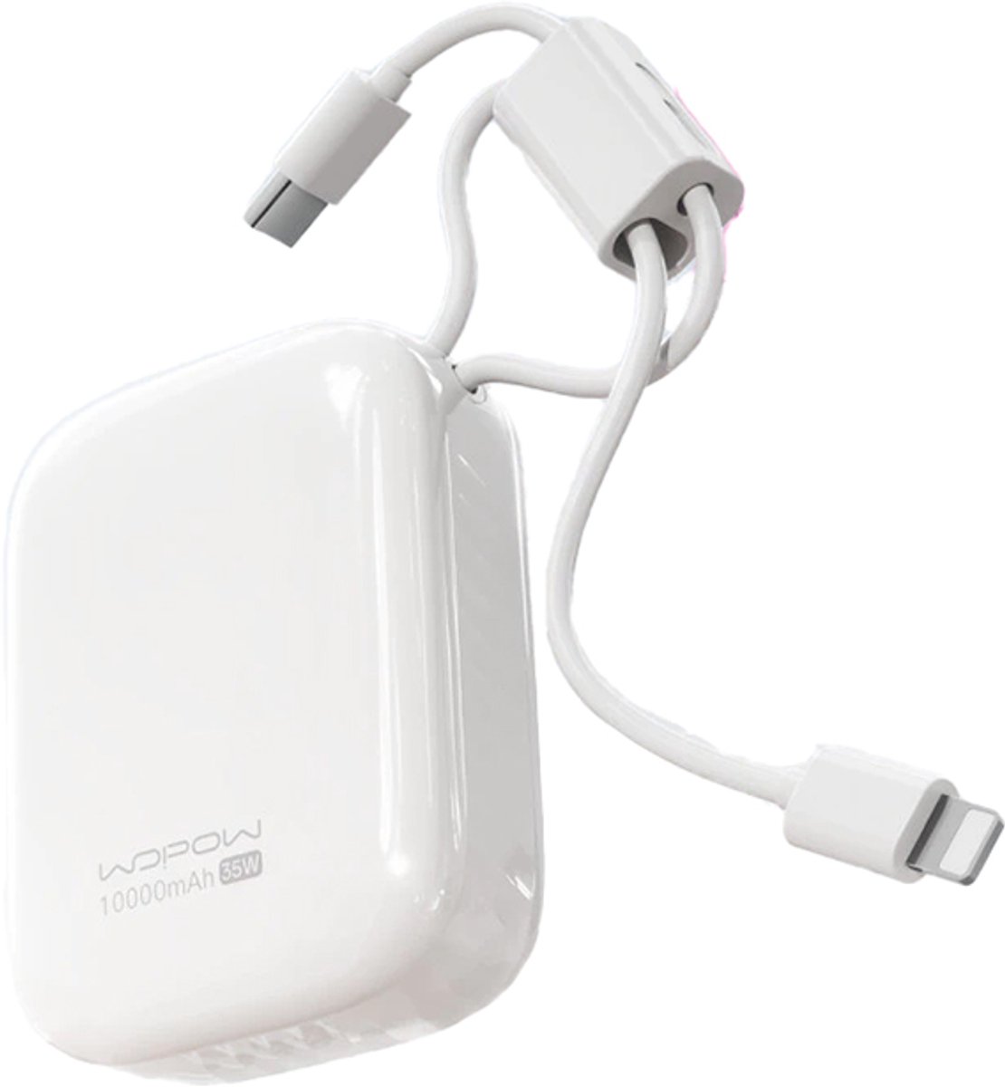 Wopow Powerbank met ingebouwde USB-C & Lightning kabels + USB-A & USB-C poorten, SQ79, 10.000mah, 35W, Wit, 6933185738281