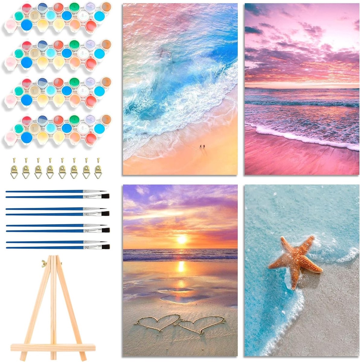 Volwassen Schilderen op Nummer Set, DIY Strand Canvas voor Beginners, Inclusief Easel en Acrylverf (20 x 30 cm, 4 Stuks) - Creatieve Hobby, Kunstproject, Ontspanning