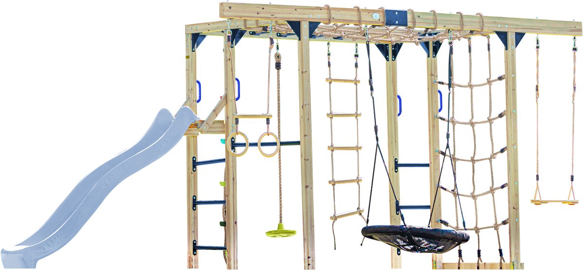 AXI Boris Klimtoestel Bruin met Schommels en Trapeze – Pastel Blauwe Glijbaan – Monkey Bars en Klimnetten – Duikelstang – Diverse Ladders