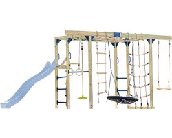 AXI Boris Klimtoestel Bruin met Schommels en Trapeze – Pastel Blauwe Glijbaan – Monkey Bars en Klimnetten – Duikelstang – Diverse Ladders
