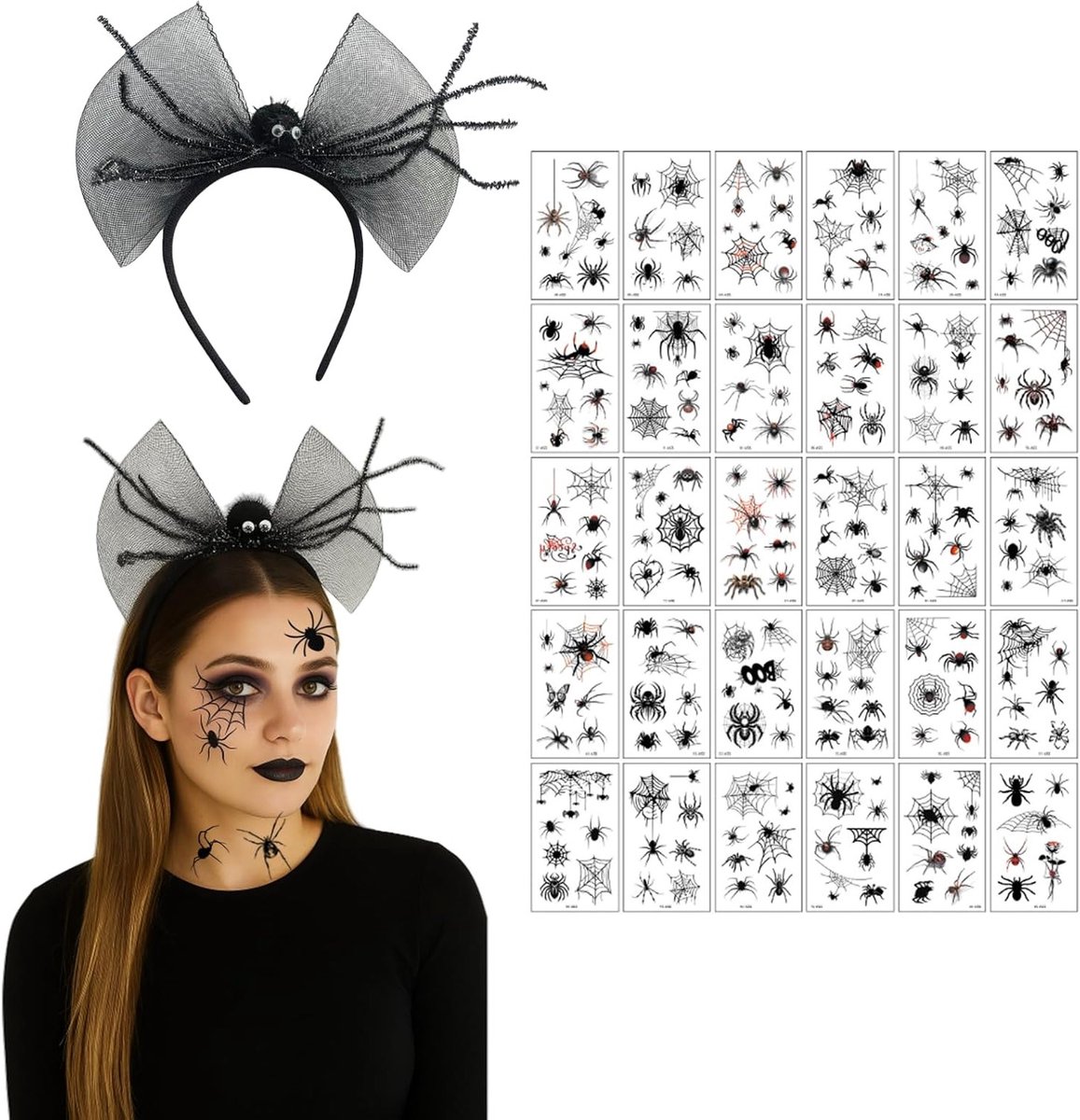 Spider Hoofdband voor Halloween met 30 Tijdelijke Spin Tattoos, Verstelbare Spin Web Hoofddeksel voor Kinderen en Volwassenen, Kostuumaccessoires en Feestdecoratie