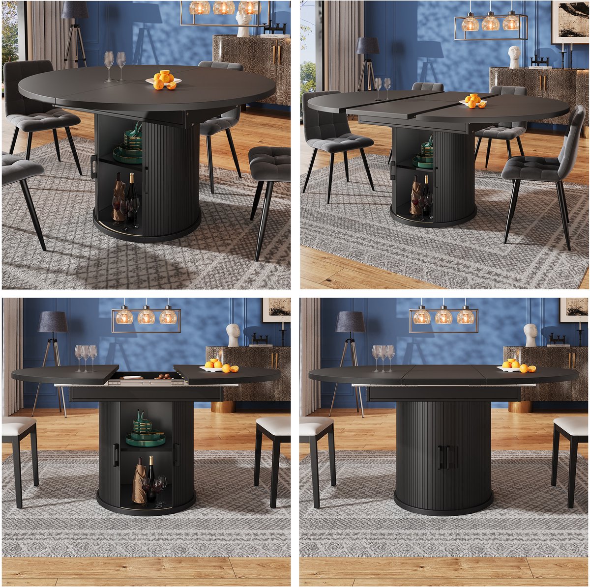 Clruro Eettafel - 118-158 cm - Ronde Uittrekbare Tafel - Voor 6 Personen - Hout - Walnut/Zwart