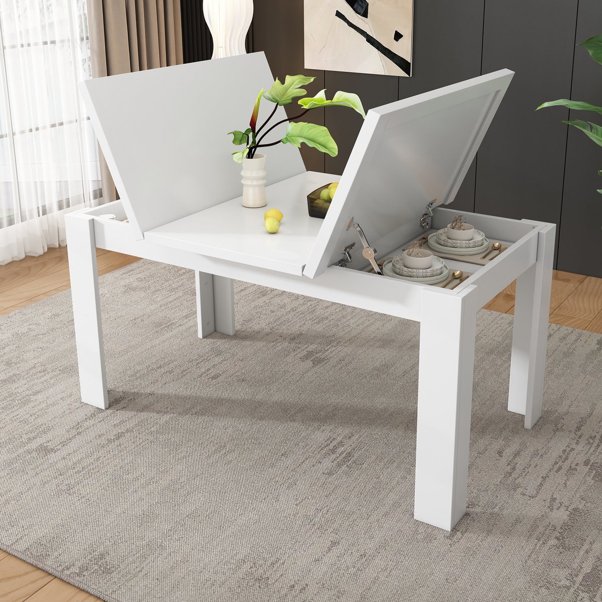 Clruro Eettafel - 120x70 cm - Rechteckige Tafel Met Opbergruimte - Multifunctioneel, Plaatsbesparend - Wit